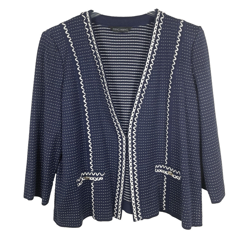 Ming Wang Cardigan Blazer Size XL Navy White Embroidered Stretch Office Career